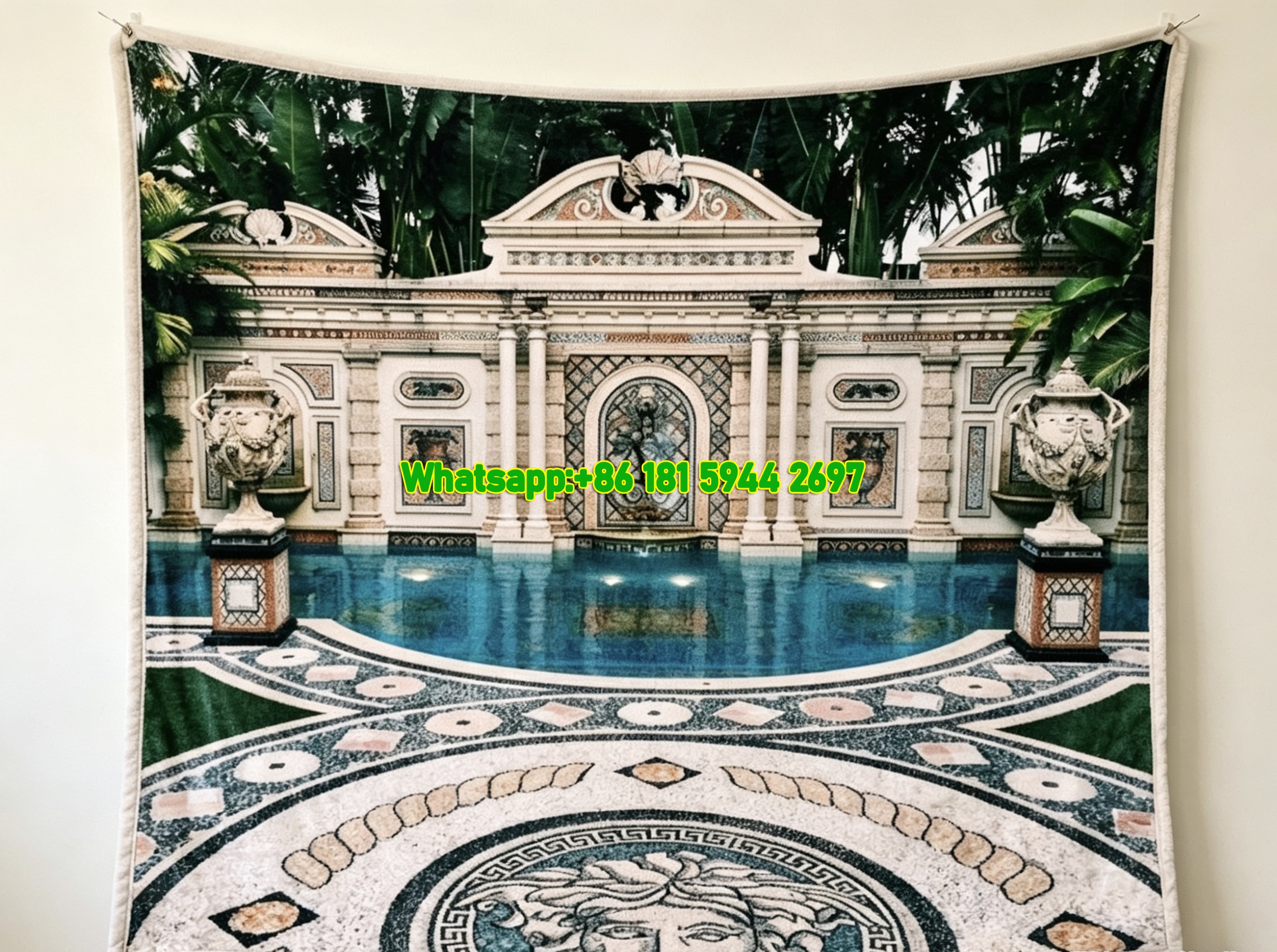 Turquoise Blue Versace Garden Pool Printed Flannel Throw Blanket IMG_1396